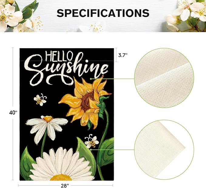 AVOIN colorlife Daisy Sunflower Hello Sunshine House Flag 28x40 Inch Double Sided, Summer Seasonal Holiday Burlap Yard Outdoor Decoration Black