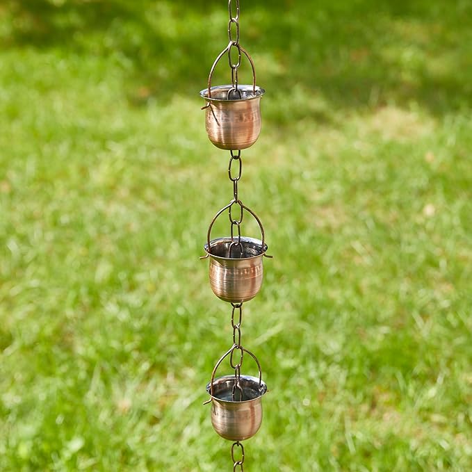 Glitzhome 8.5ft Rain Chain for Gutters 15-Piece Faux Copper Cup Shaped Catcher Replacement for Downpout