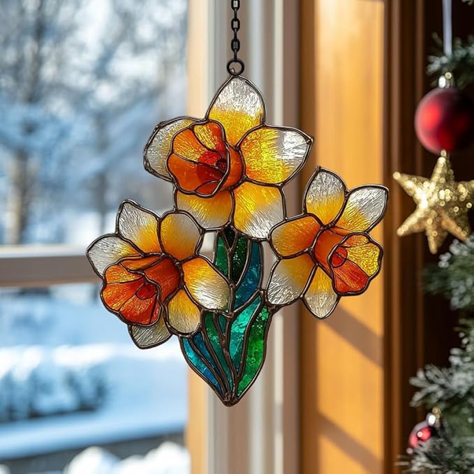 Daffodil Faux Mosaic Style Acrylic Suncatcher Stained Glass Effect Window Car Hanging Christmas Ornament Indoor Outdoor Decor Garden Sun Catcher Panel for Floral Lover for Women Mom Grandma