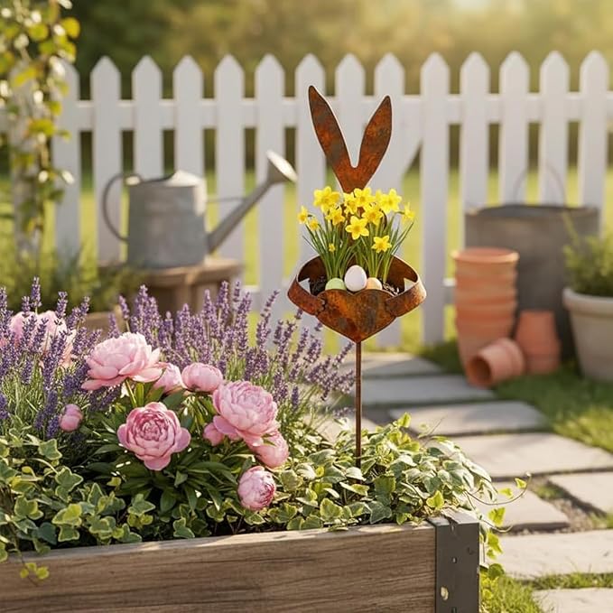 Vintage Metal Rabbit Shaped Planter Garden Stake, Rustic Patina Finish Bunny Decor for Outdoor Garden Yard, Decorative Stake for Small Flowers Succulents Spring Displays