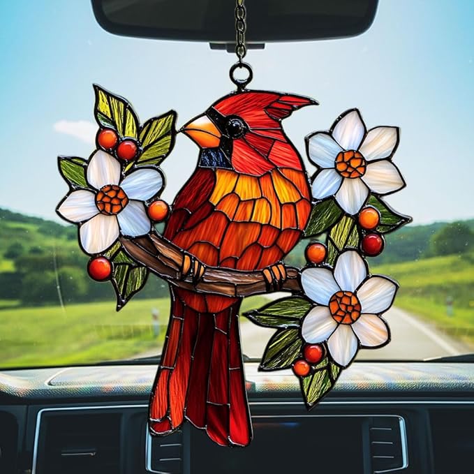Cardinal Mosaic Effect Acrylic Suncatcher Stained Glass Effect Window Car Hanging Christmas Ornament Indoor Outdoor Decor Garden Sun Catcher Panel for Acrylic Suncatcher Lover for Women Mom Grandma