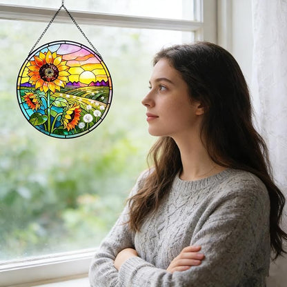 Sunflower Hanging Stained Glass for Windows, Sunflower Sun Catchers Indoor Window Glass Summer Floral Wall Art Hanging Decorations Mother's Day, Valentine's Day Ornaments Festival Gift 7.87"