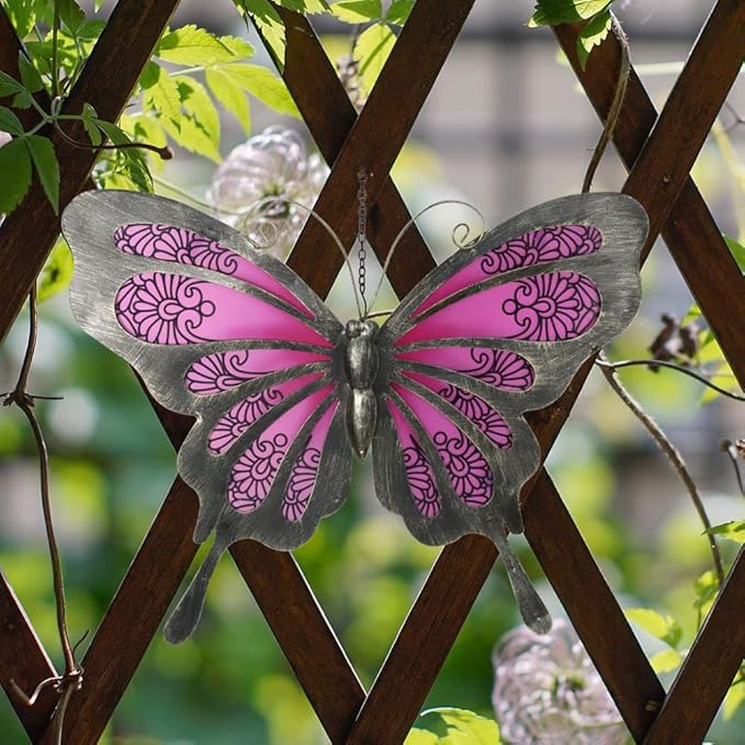 LIFFY Metal Butterfly Wall Decor, 12" Glass Butterfly Outdoor Wall Art, Hanging Garden Decorations for Yard Fence Patio