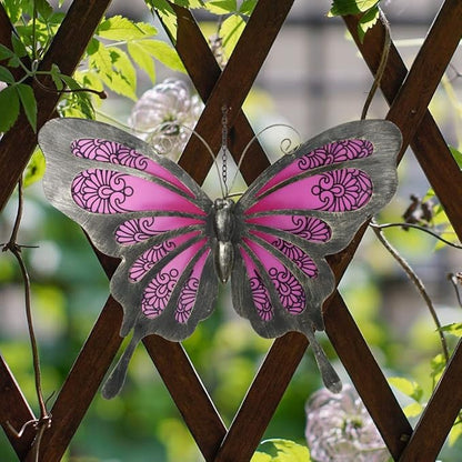 LIFFY Metal Butterfly Wall Decor, 12" Glass Butterfly Outdoor Wall Art, Hanging Garden Decorations for Yard Fence Patio