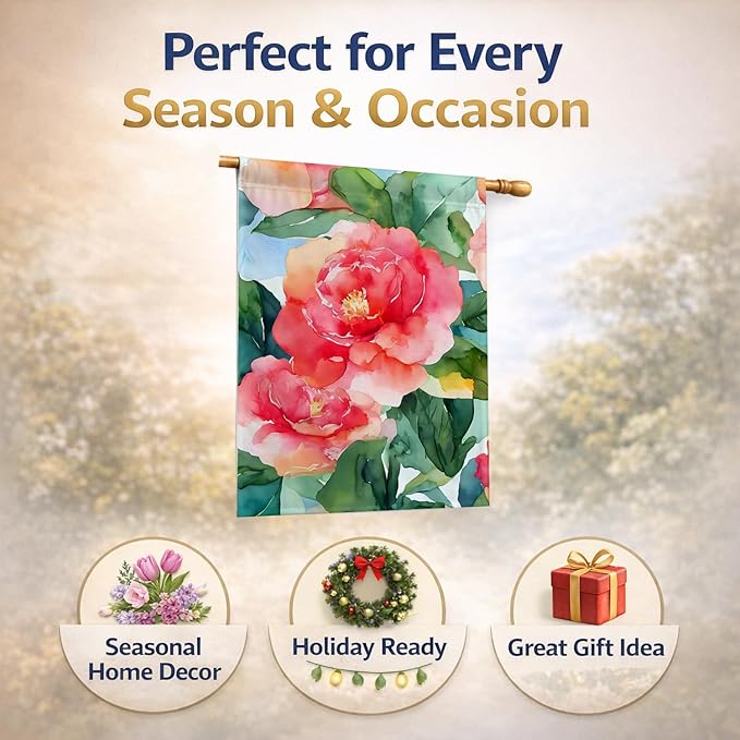 Caroline's Treasures Alabama Camellia in Watercolor House Flag Large Porch Sleeve Pole Decorative Outside Yard Banner Artwork Wall Hanging, Polyester, House Size, Multicolor