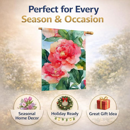 Caroline's Treasures Alabama Camellia in Watercolor House Flag Large Porch Sleeve Pole Decorative Outside Yard Banner Artwork Wall Hanging, Polyester, House Size, Multicolor