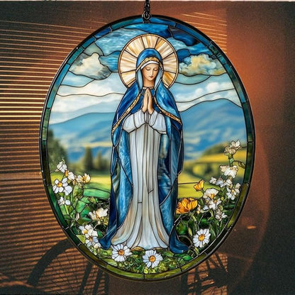 Virgin Mary Acrylic Suncatcher Stained Glass Effect Window Car Hanging Christmas Ornament Indoor Outdoor Decor Garden Sun Catcher Panel for Acrylic Suncatcher Lover for Women Mom Grandma