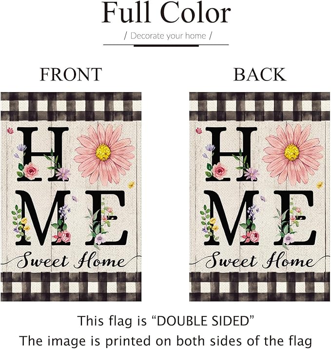 ORTIGIA Spring Summer Daisy Garden Flag Burlap Double Sided Home Sweet Home Floral Flower Small Flag Farmhouse Buffalo Plaid Floral Yard Lawn Patio Outside Outdoor Seasonal 12.5x18 Inch