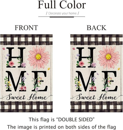 ORTIGIA Spring Summer Daisy Garden Flag Burlap Double Sided Home Sweet Home Floral Flower Small Flag Farmhouse Buffalo Plaid Floral Yard Lawn Patio Outside Outdoor Seasonal 12.5x18 Inch