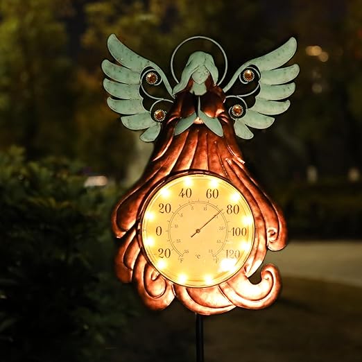 MUMTOP Indoor Outdoor Thermometer - Angel Wall Thermometer, Solar Lights Decorative Temperature Thermometer with Garden Stake for Patio, Room, Greenhouse, Outside Decor