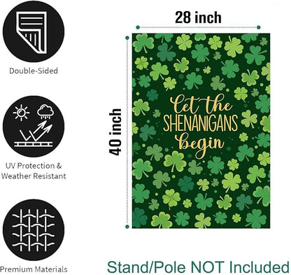 St Patricks Day House Flags 28 x 40 Double Sided for Outside Shamrock Clover Let the Shenanigans Begin Garden Decor Saint Patrick Spring Yard Signs