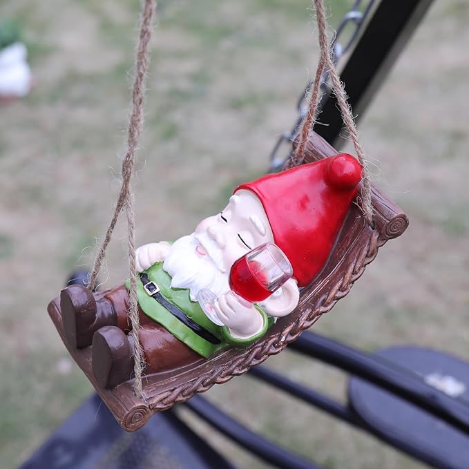 Funny Gnome Garden Hanging Decor, Cute Wine Drinking Gnome on Hammock Figurine for Outdoor Patio, Fence, Balcony, Porch & Garden Gift