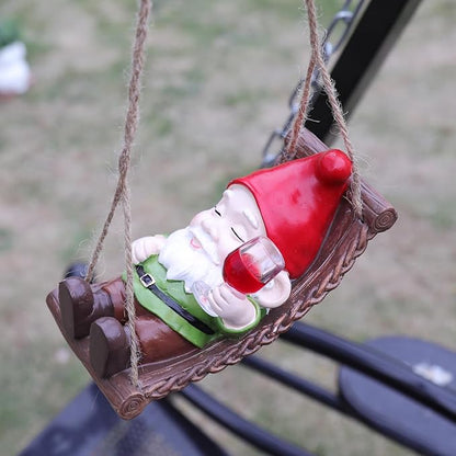 Funny Gnome Garden Hanging Decor, Cute Wine Drinking Gnome on Hammock Figurine for Outdoor Patio, Fence, Balcony, Porch & Garden Gift