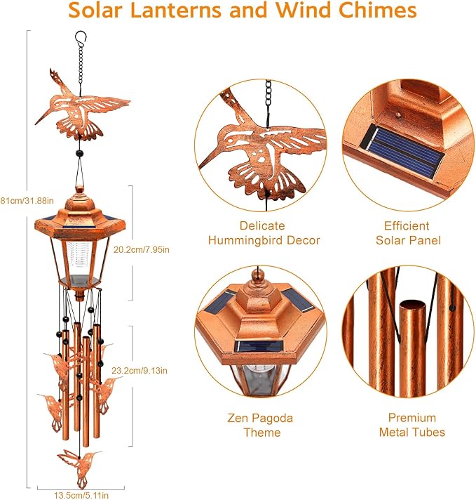 Hummingbird Solar Wind Chimes for Outside, Birthday Gifts for Mom Women Grandma Mother's Day Memorial, 34-Inch Windchimes with Wind Spinner, Outdoor Hanging Solar Lights Waterproof Yard Garden Decor