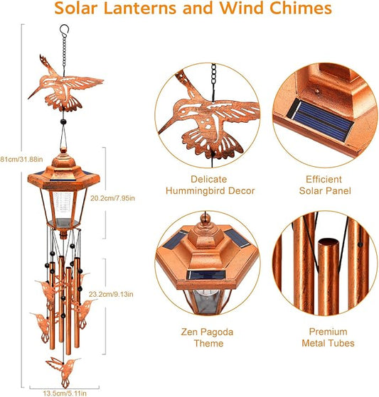 Hummingbird Solar Wind Chimes for Outside, Birthday Gifts for Mom Women Grandma Mother's Day Memorial, 34-Inch Windchimes with Wind Spinner, Outdoor Hanging Solar Lights Waterproof Yard Garden Decor