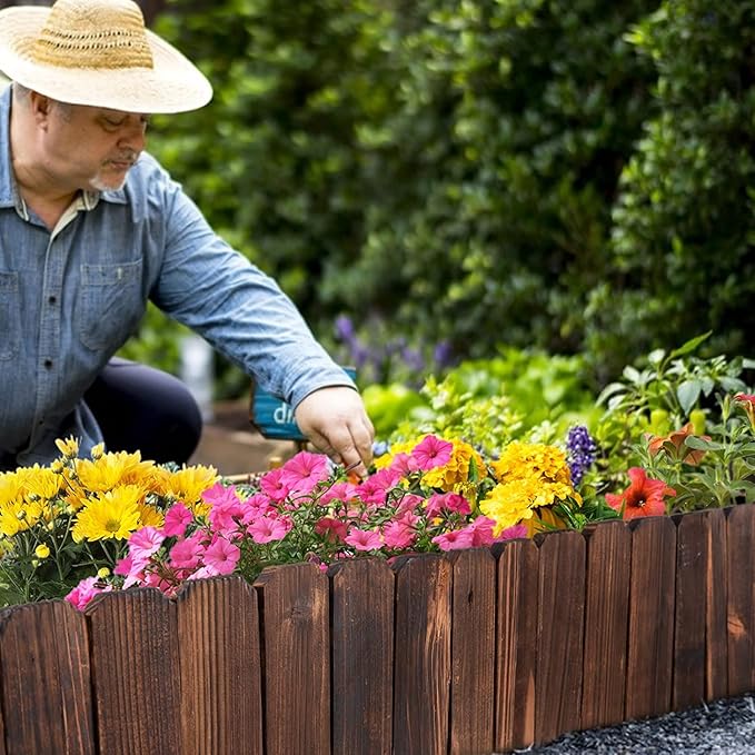 Rustic Pine Wood Garden Fence - 6.6ft L*12in H Easy to Install Sturdy Wooden Landscape Edging Border, No Fading Planter Fencing for Yard Flower Bed Lawns Pathway Tree
