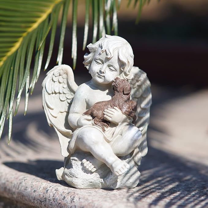 Topadorn Resin Angel Wings Statue with Small Dog, Praying Angel Figurine Tabletop Decor for Patio Yard Porch Lawn Outdoor Decor Home Shelf Sitter Memorial Spiritual Gifts