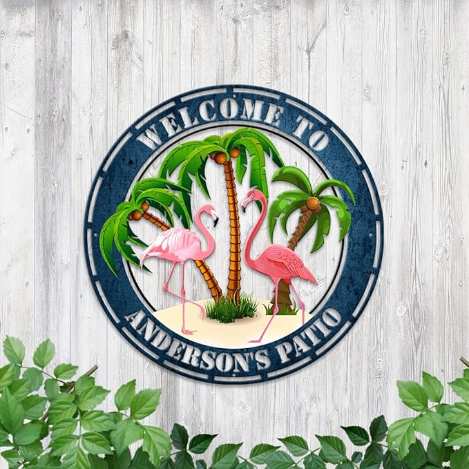 MeMate Flamingo Patio Sign Outdoor Decor, Personalized Metal Sign for Backyard, Custom Name Signs for Garden Porch, Deck, Large Metal Sign for Outside, Housewarming Gifts for Family Friends