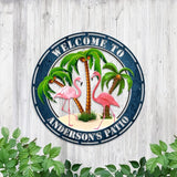 MeMate Flamingo Patio Sign Outdoor Decor, Personalized Metal Sign for Backyard, Custom Name Signs for Garden Porch, Deck, Large Metal Sign for Outside, Housewarming Gifts for Family Friends