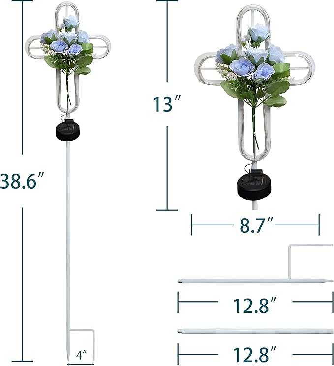38 inch Cross Solar Light Outdoor Art Decoration - Metal and Blue Artificial Flower Craft Solar Light Stake- for Scenes Such as Garden Lawn Patio Patio Cemetery or Auditorium.