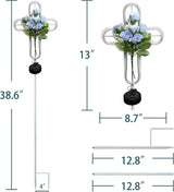 38 inch Cross Solar Light Outdoor Art Decoration - Metal and Blue Artificial Flower Craft Solar Light Stake- for Scenes Such as Garden Lawn Patio Patio Cemetery or Auditorium.