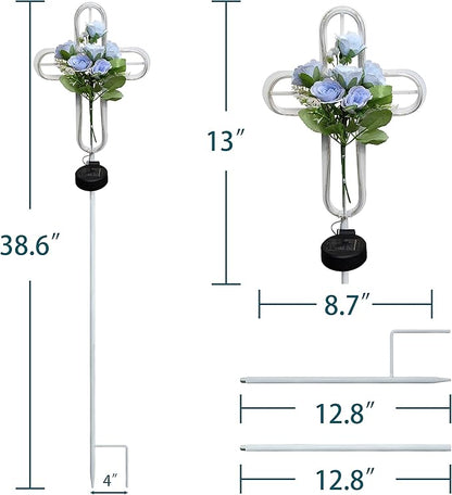 38 inch Cross Solar Light Outdoor Art Decoration - Metal and Blue Artificial Flower Craft Solar Light Stake- for Scenes Such as Garden Lawn Patio Patio Cemetery or Auditorium.