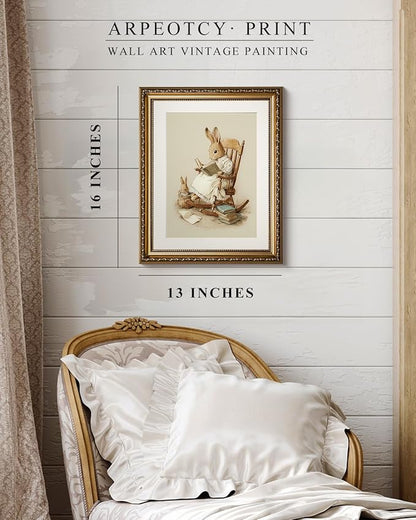 ARPEOTCY Vintage Gold Framed Wall Art, Easter Rabbit Reading Paintings, Canvas Prints Artwork with Antique Frame, Victorian Wall Picture Decor for Nursery Gallery Living Room, 13x16 inch