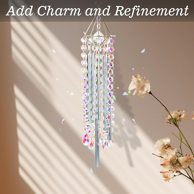 Crystal Wind Chimes - Glass Wind Chimes for Outside, Outdoor Crystal Suncatcher with Tuned Tubes, Reflective Windchimes Outdoors Unique, Hanging Prism Rainbow Maker Chandelier Home Decor Gift