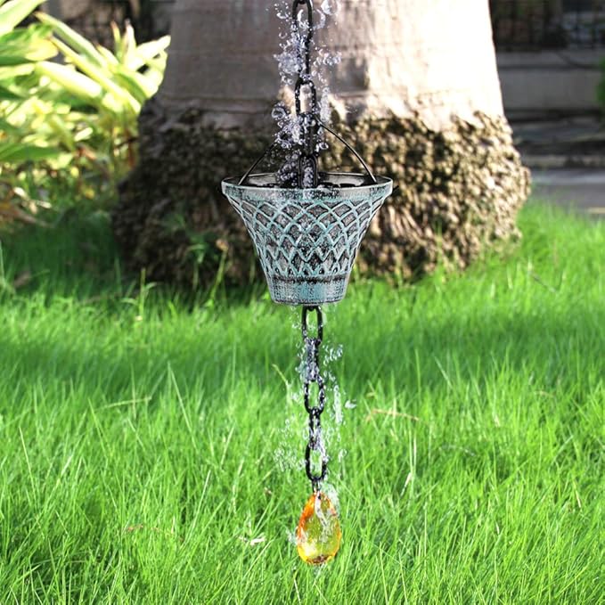 Rain Chains for Gutters Outside Downspouts Rain Catcher Diverter Metal Blue Plaid Outdoor Decorative, 8.5 FT