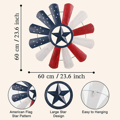 JJALIGHTS 23" Windmill Wall Decor, Patriotic American Flag Metal Wall Art with Texas Star, 4th of July Indoor Outdoor Decorations for Farmhouse Porch Garden Patio Fence Home
