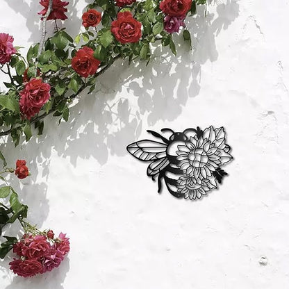 CREATCABIN Bees Metal Wall Art Decor Sunflower Sculpture Wall Hanging Decoration Sign Iron Outline Wall Art Black Rustic Decor Ornament Wall for Indoor Outside Living Room Home Office 12 x 9Inch