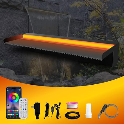 Pamopamo Pool Waterfall Spillway Stainless Steel Pond Fountain, APP Control Colorful LED Lighted Outdoor Black Fountains, Water Flow Spillways Kit for Koi Pond, Swimming Pool, Garden-23.6"x7.8"x3.9"