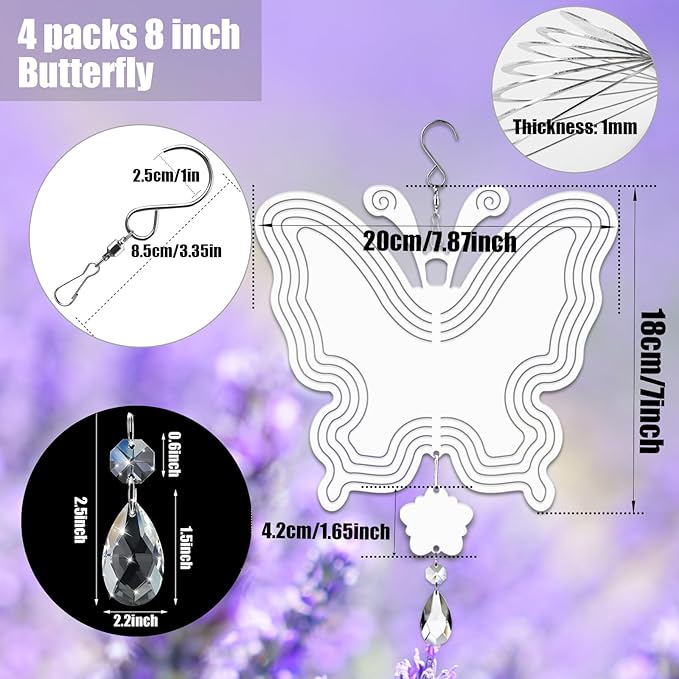 4Pack 8inch Sublimation Wind Spinner Blanks 3D Aluminum Metal Wind Sculpture Kinetic Spinners for Yard and Garden Indoor Art Ornaments Hanging Decoration (New Butterfly)
