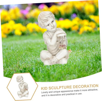 Resin Solar Sculpture with Jar Decor Outdoor Figurine Solar Powered Ornament for Flowerbed Statue for Parties and Lawn Decor