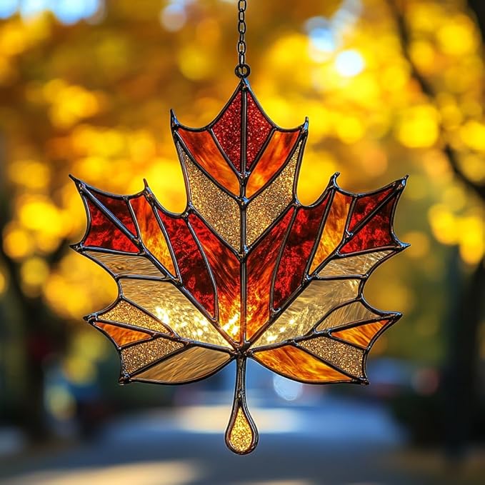 Autumn Maple Leaf Acrylic Suncatcher Stained Glass Effect Window Car Hanging Christmas Ornament Indoor Outdoor Decor Garden Sun Catcher Panel for Maple Leaf Lover for Women Mom Grandma