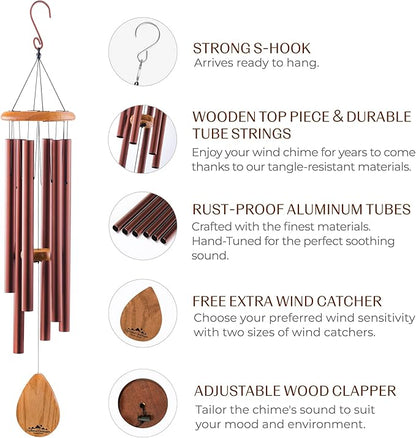 UpBlend XL Wind Chimes for Outside Gift – Deep Tone Wind Chime with Decorative Stone – Porch & Patio Decor, Elegant Outdoor Ornament, Garden Gifts. 38” Brown.