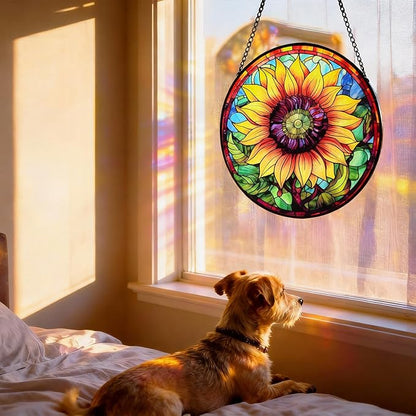 Stained Glass Window Hanging Sunflower Sun Catcher Indoor, Stained Glass Suncathers, Sunflower Gifts for Women,Mom, Grandma and Wife Inspirational Sympathy Gifts 7.8’’ Yellow