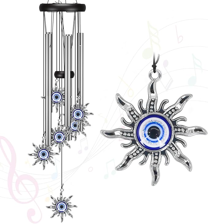 Wind Chimes for Outside Clearance, Wind Chime with Natural Sounds, Outdoor/Indoor Decorations for Patio, Porch, Backyard and Garden Decor (Sun Evil Eyes)