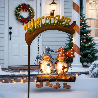 HONGLAND Gnomes Garden Decor Solar Lights, 48 Inch Welcome Sign Swing Yard Decorations Outdoor Decorative Stake for Lawn Porch Backyard Patio, Gnome Gardening Gifts for Women Mom