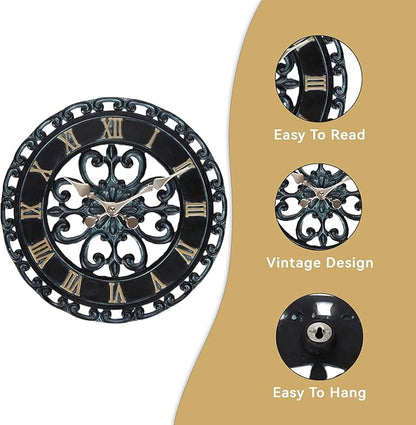 Lily's Home Hanging Verdigris Wall Clock, Ideal for Indoor or Outdoor Use, Makes a Great Housewarming Gift, Black (13.5 Inches)