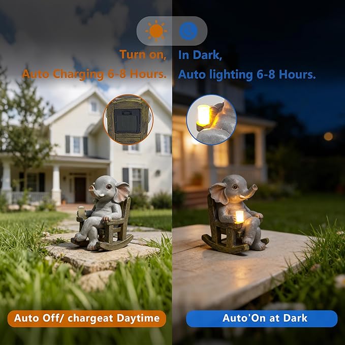 Miniature Elephant Garden Statue Solar Light Outdoor Decor Elephant Figurine Solar Lantern for Home Indoor Lawn Backyard Balcony Porch Patio Ornament for Women Mom Grandma 5.51"x4.33"x3.15"