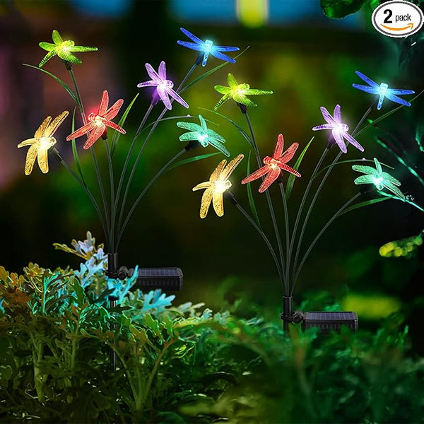 2PCS Outdoor Solar Lights, Waterproof Solar Lights Outdoor Pathway, Solar-Powered Garden Swing Dragonfly Decorative Lights for Yard Balcony Flower Bed, Gardening Plant Lovers