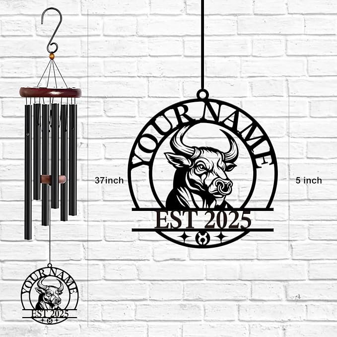 Personalized Customize Name 12 Zodiac Signs Wind Chime, Metal Iron 37 Inch Outdoor Memorial Gift for Garden Yard Patio Home Decor, Black (Taurus)
