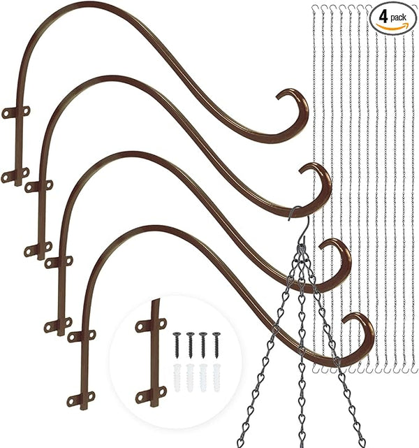 Plant Hangers Outdoor, 4 Pack 12 Inch Plant Hooks for Wall Metal Plants Hanging Bracket for Bird Feeder, Flower Baskets, Wind Chimes, Lanterns, Indoor Outdoor, Bronze