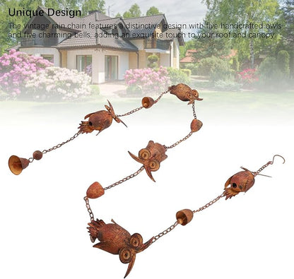 Owl Rain Chain, Bronze Metal Bird Rain Catcher Chain with Bell 90.6 inch Adjustable Metal Rain Chain for Garden Decoration Eave Device