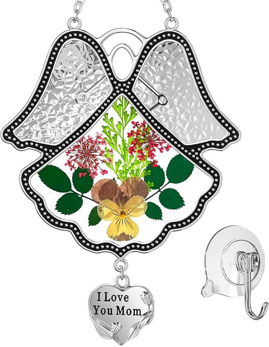 KY&BOSAM Angel Suncatcher I Love You Mom Stained Glass Panels Suncatchers for Windows Wind Chime with Pressed Flower Glass and Metal Heart Charm Birthdays Gift for Mom Mothers Day Valentines Christmas