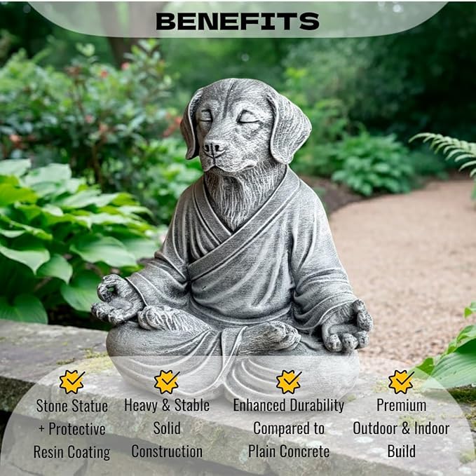 OLOMA Outdoor Indoor Zen Dog Sculpture Solid Concrete Stone Statue Heavy Protective Resin Coating Garden Decorative Accent for Meditation and Yoga Spaces Decorative Garden Accent Feature