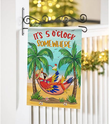 Welcome Summer Parrot Bird Decorative Garden Flag, It's 5 O'clock Somewhere Beach Coastal Tropical Palm Tree Yard Outside Decoration, Hawaii Nautical Outdoor Small Home Decor Double Sided 12x18