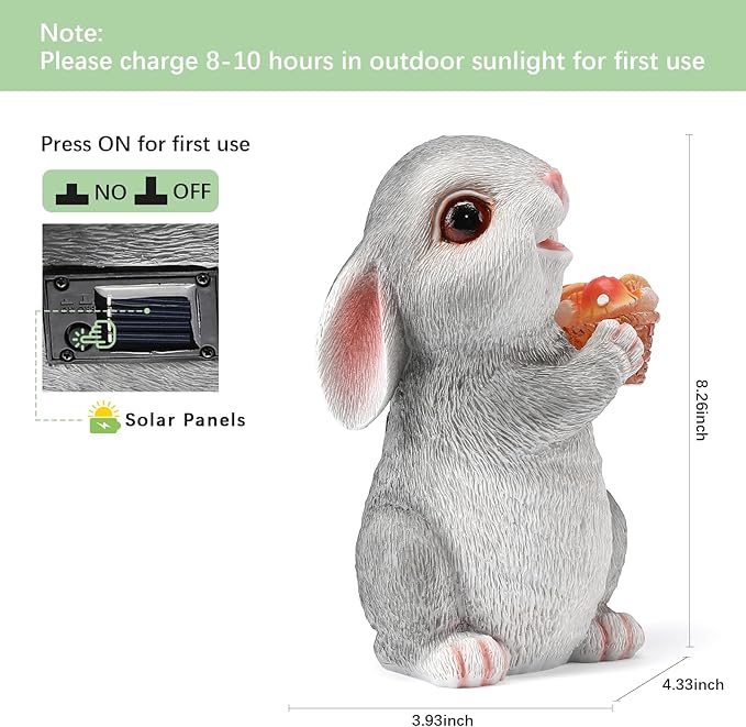 Solar Rabbit Garden Statues Outdoor Decor Resin Bunny Figurine Holding Mushroom with LED Lights for Porch Patio Lawn Yard Christmas Housewarming Gardening Gifts for Mom Grandma