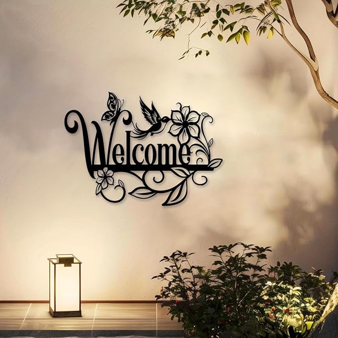 Welcome Sign Metal Wall Decor - Cursive Lettering with Floral Motifs, Vintage Outdoor Garden Art for Porch, Patio & Entryway - Durable Iron Construction - 15.75x11.34 Inch